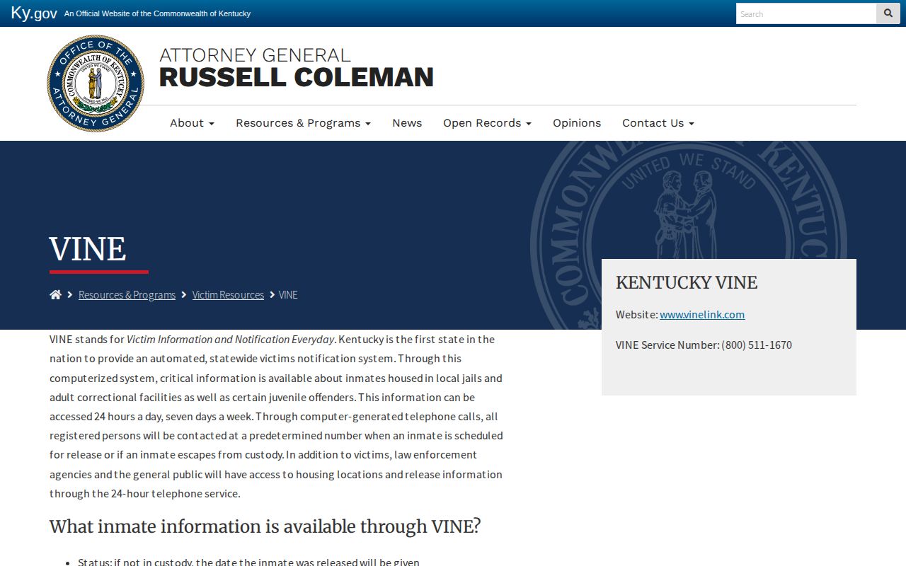Kentucky VINE release notification information for Estill County
